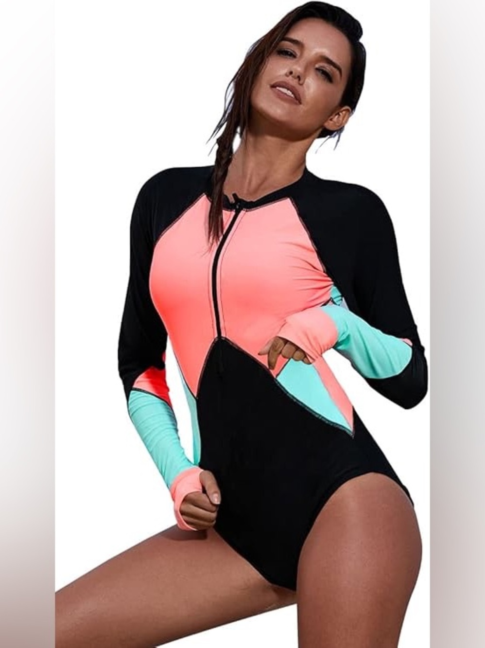 Long Sleeve Colorblock One-Piece Swimsuit - Pink & Mint